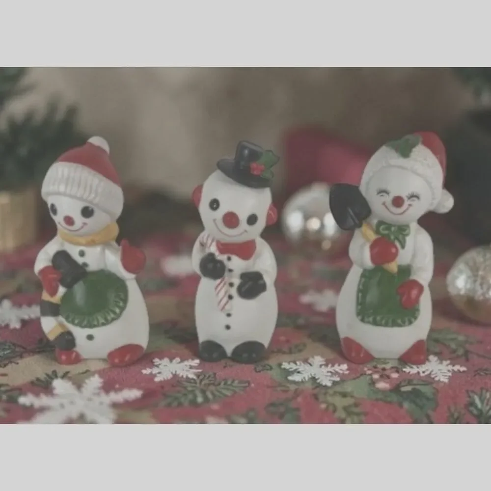 Porcelain Bisque Snowmen Set of 3 Shovel Stocking Candy Cane Vintage Taiwan Xmas